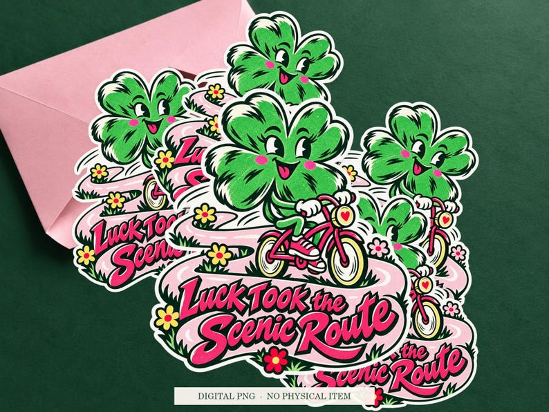 Luck Took the Scenic Route displayed on an envelope with a green background. Digital mockup, no physical item included.