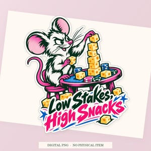Low Stakes High Snacks close view showing the pink and green artwork and white outline.