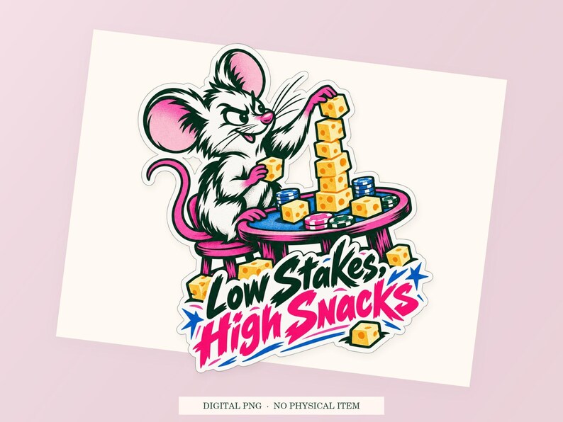 Low Stakes High Snacks close view showing the pink and green artwork and white outline.