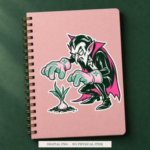 Vampire Garlic Gardener artwork decorating a notebook as a white outlined sticker. Digital PNG project example; notebook and sticker are not included.