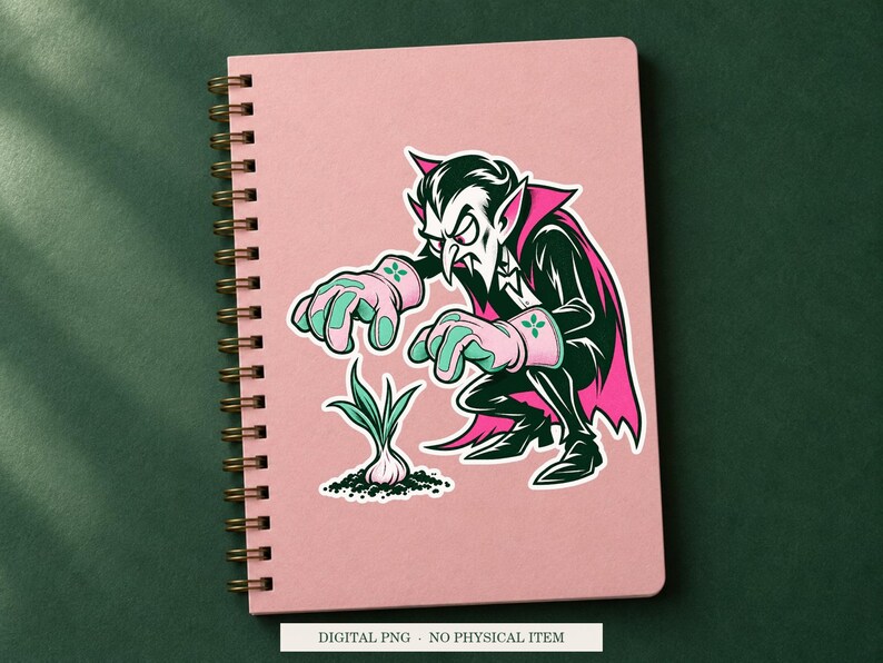 Vampire Garlic Gardener artwork decorating a notebook as a white outlined sticker. Digital PNG project example; notebook and sticker are not included.