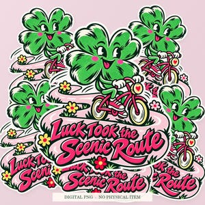 Luck Took the Scenic Route shown in a playful sticker cluster on powder pink. Digital mockup, no physical stickers included.