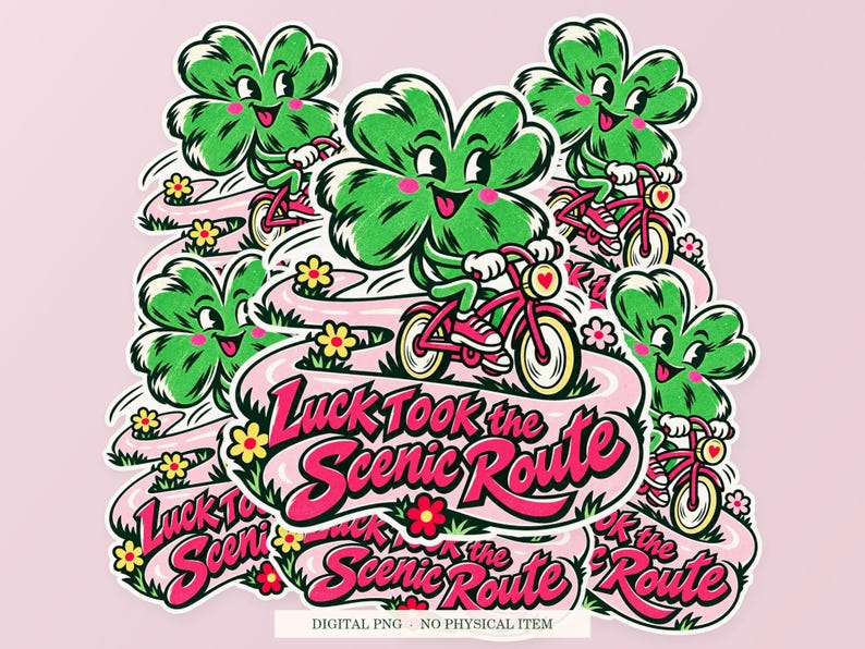 Luck Took the Scenic Route shown in a playful sticker cluster on powder pink. Digital mockup, no physical stickers included.