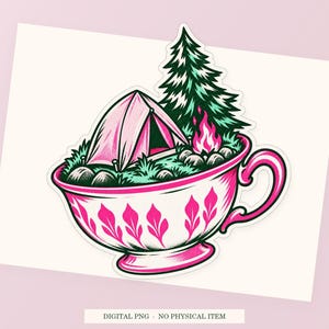 Tent Inside a Teacup close view showing the pink and green artwork and white outline.