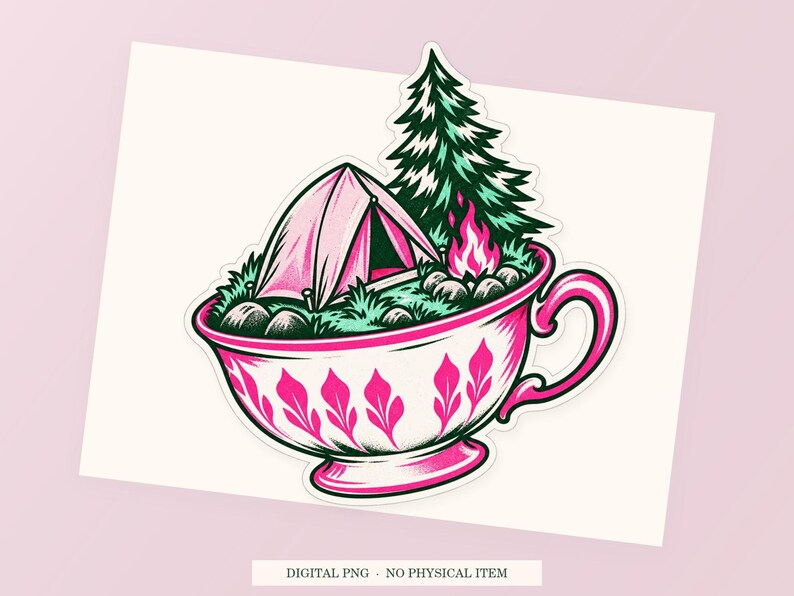 Tent Inside a Teacup close view showing the pink and green artwork and white outline.