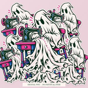 Ghost Hem Repair artwork shown as overlapping white outlined sticker cutouts on a pink background. Digital PNG mockup; physical stickers are not included.