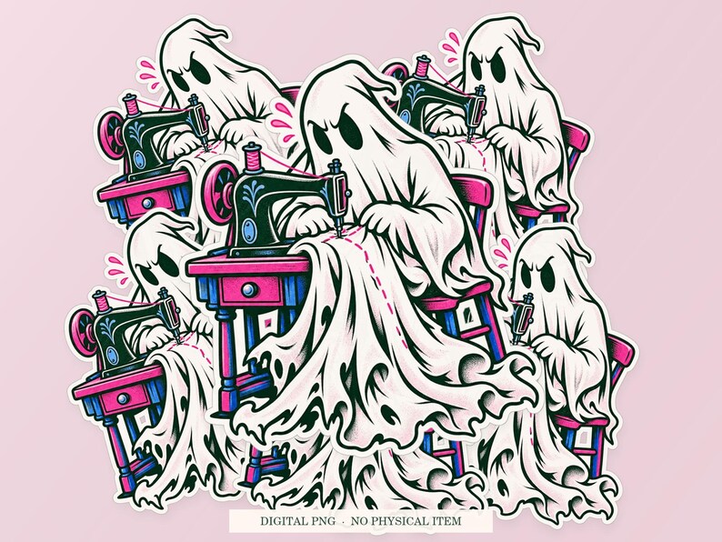 Ghost Hem Repair artwork shown as overlapping white outlined sticker cutouts on a pink background. Digital PNG mockup; physical stickers are not included.