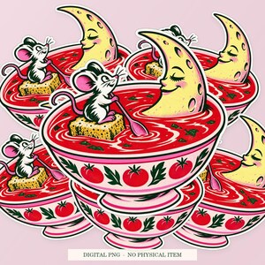 Soup Moon shown in a playful sticker cluster on powder pink. Digital mockup, no physical stickers included.