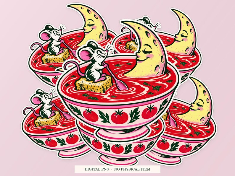 Soup Moon shown in a playful sticker cluster on powder pink. Digital mockup, no physical stickers included.