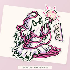 Close view of the pink and green Haunted Extension Cord illustration with its white outline on a styled background. One transparent PNG digital download.
