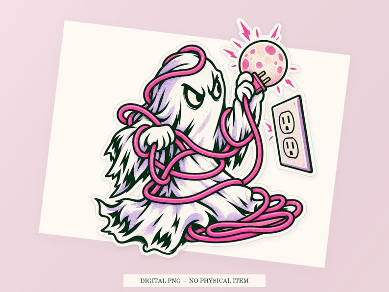 Close view of the pink and green Haunted Extension Cord illustration with its white outline on a styled background. One transparent PNG digital download.