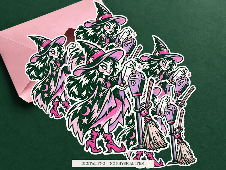 Witch Parking Meter artwork shown as a sticker on a cream envelope against green. Digital PNG mockup; envelope and physical sticker are not included.