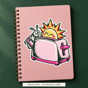 Toaster Sunrise displayed on a notebook. Digital mockup showing a creative use for the PNG.