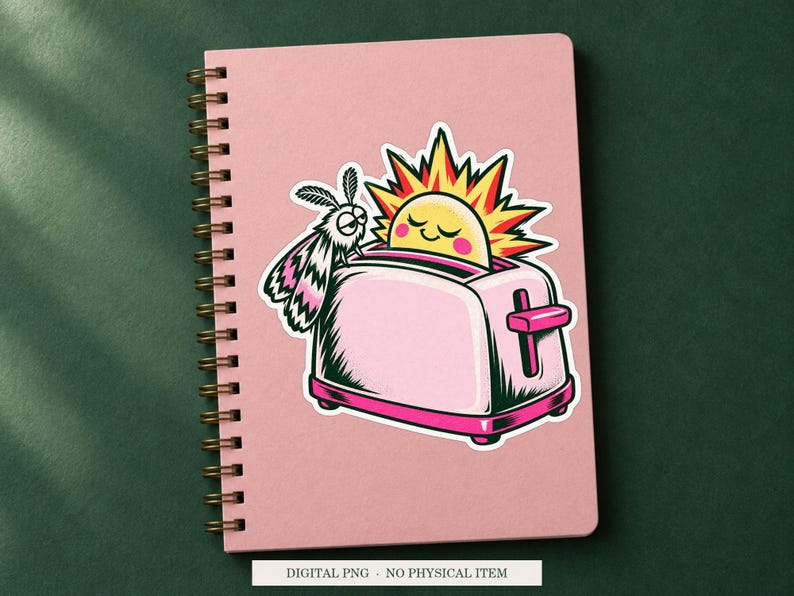 Toaster Sunrise displayed on a notebook. Digital mockup showing a creative use for the PNG.