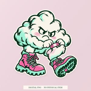 Cloud Hiking Blister pink and green illustration on a cream digital download cover. One transparent PNG with white outline; no physical item.