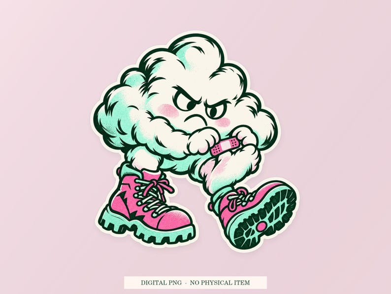 Cloud Hiking Blister pink and green illustration on a cream digital download cover. One transparent PNG with white outline; no physical item.