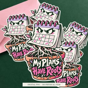My Plans Have Roots displayed on an envelope with a green background. Digital mockup, no physical item included.