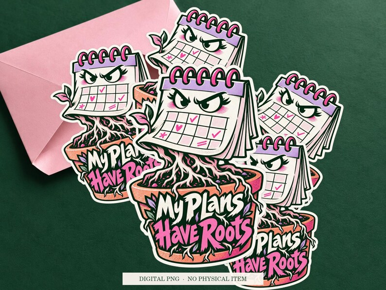 My Plans Have Roots displayed on an envelope with a green background. Digital mockup, no physical item included.
