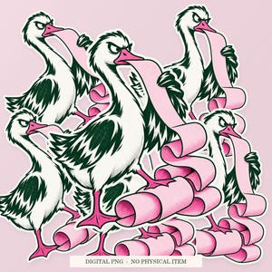 Goose Complaint Printer artwork shown as overlapping white outlined sticker cutouts on a pink background. Digital PNG mockup; physical stickers are not included.