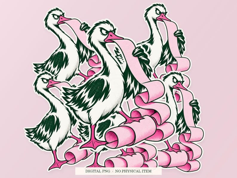 Goose Complaint Printer artwork shown as overlapping white outlined sticker cutouts on a pink background. Digital PNG mockup; physical stickers are not included.