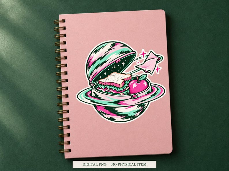 Planet Lunchbox displayed on a notebook. Digital mockup showing a creative use for the PNG.