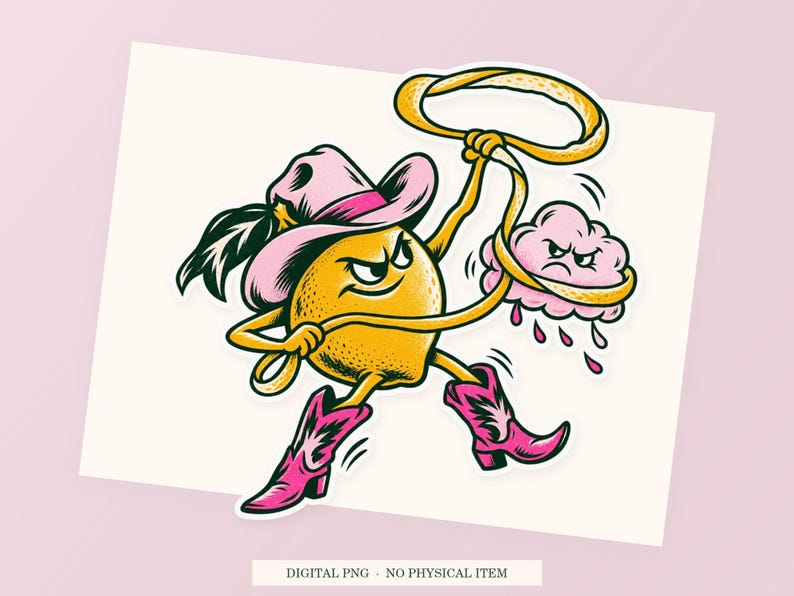 Lemon Cloud Wrangler close view showing the pink and green artwork and white outline.