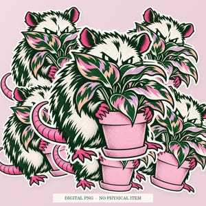 Possum Social Camouflage shown in a playful sticker cluster on powder pink. Digital mockup, no physical stickers included.