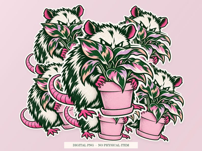 Possum Social Camouflage shown in a playful sticker cluster on powder pink. Digital mockup, no physical stickers included.