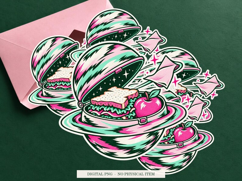 Planet Lunchbox displayed on an envelope with a green background. Digital mockup, no physical item included.