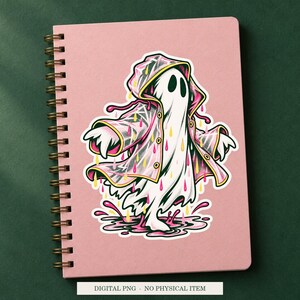 Ghost Raincoat Problem artwork decorating a notebook as a white outlined sticker. Digital PNG project example; notebook and sticker are not included.