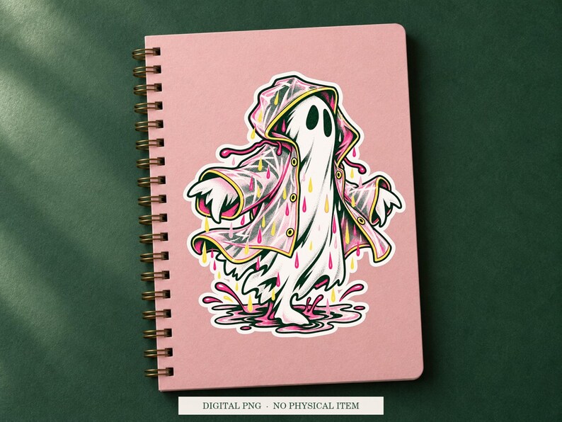 Ghost Raincoat Problem artwork decorating a notebook as a white outlined sticker. Digital PNG project example; notebook and sticker are not included.