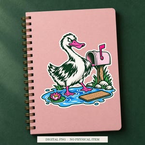 Duck Puddle Property artwork decorating a notebook as a white outlined sticker. Digital PNG project example; notebook and sticker are not included.