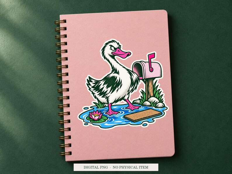 Duck Puddle Property artwork decorating a notebook as a white outlined sticker. Digital PNG project example; notebook and sticker are not included.