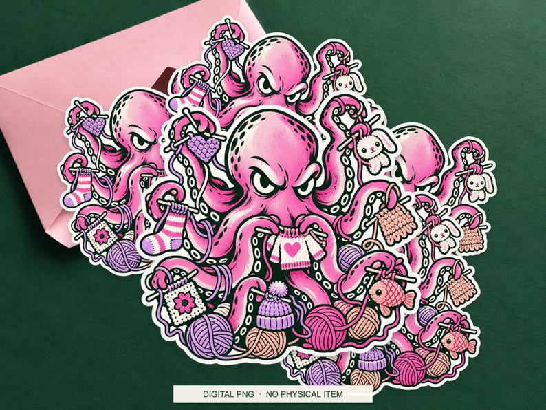 Lucky Somewhere Crochet Octopus Overtime digital PNG artwork shown in a styled preview. One design. Digital download only, no physical item.