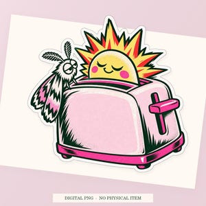 Toaster Sunrise close view showing the pink and green artwork and white outline.