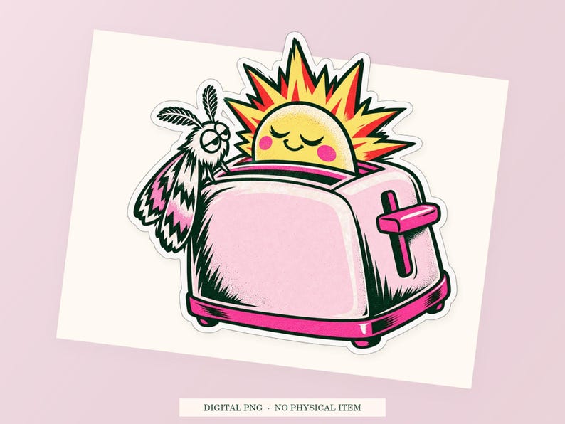 Toaster Sunrise close view showing the pink and green artwork and white outline.
