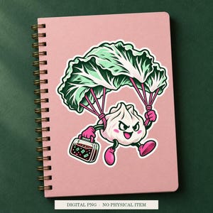 Emergency Dumpling Parachute displayed on a notebook. Digital mockup showing a creative use for the PNG.