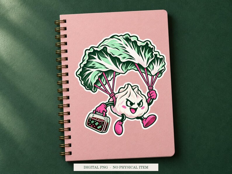 Emergency Dumpling Parachute displayed on a notebook. Digital mockup showing a creative use for the PNG.