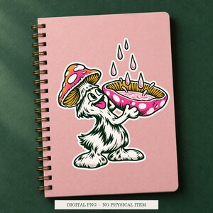 Mushroom Rain Gauge displayed on a notebook. Digital mockup showing a creative use for the PNG.