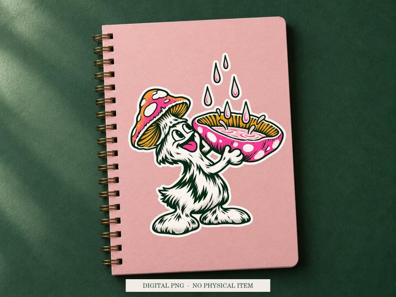 Mushroom Rain Gauge displayed on a notebook. Digital mockup showing a creative use for the PNG.