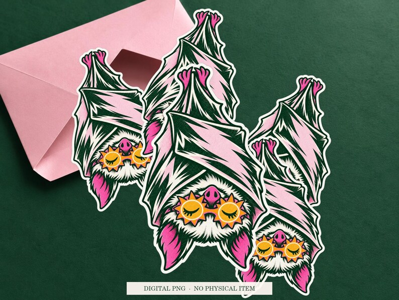 Bat Sleep Mask artwork shown as a sticker on a cream envelope against green. Digital PNG mockup; envelope and physical sticker are not included.