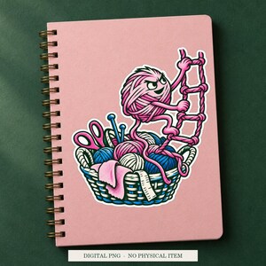 Yarn Escape Route artwork shown as a white outlined sticker decorating a notebook. Styled example of a digital PNG project; notebook and physical sticker are not included.