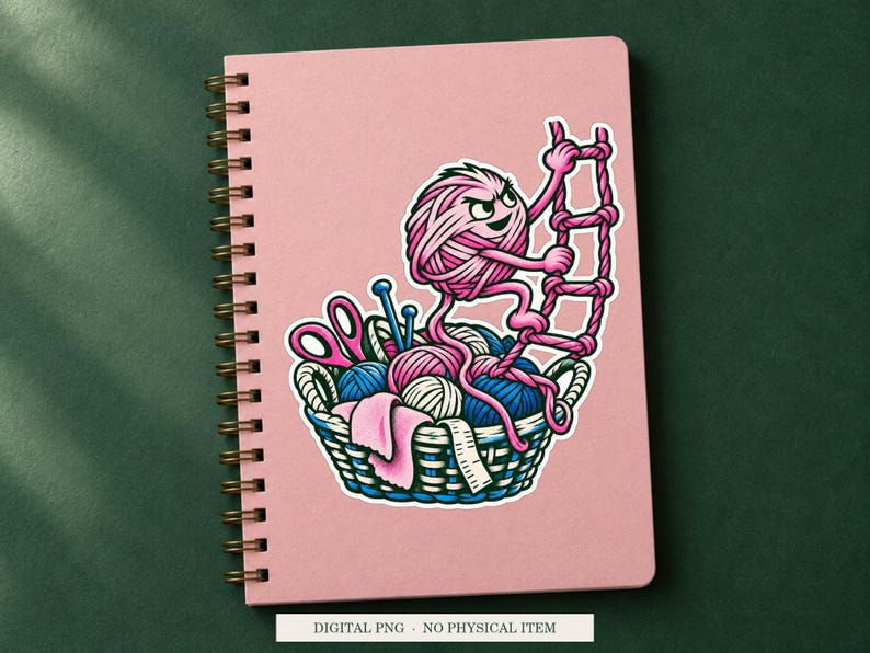Yarn Escape Route artwork shown as a white outlined sticker decorating a notebook. Styled example of a digital PNG project; notebook and physical sticker are not included.