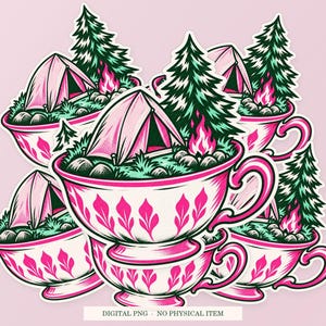 Tent Inside a Teacup shown in a playful sticker cluster on powder pink. Digital mockup, no physical stickers included.