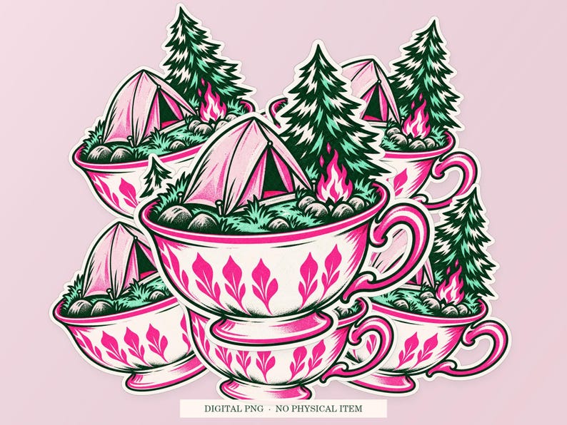 Tent Inside a Teacup shown in a playful sticker cluster on powder pink. Digital mockup, no physical stickers included.