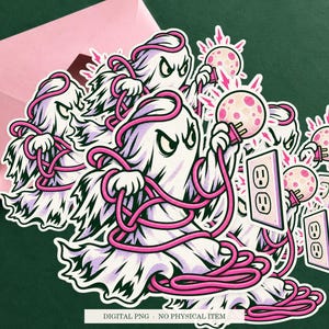 Haunted Extension Cord artwork shown as a sticker on a cream envelope against green. Digital PNG mockup; envelope and physical sticker are not included.
