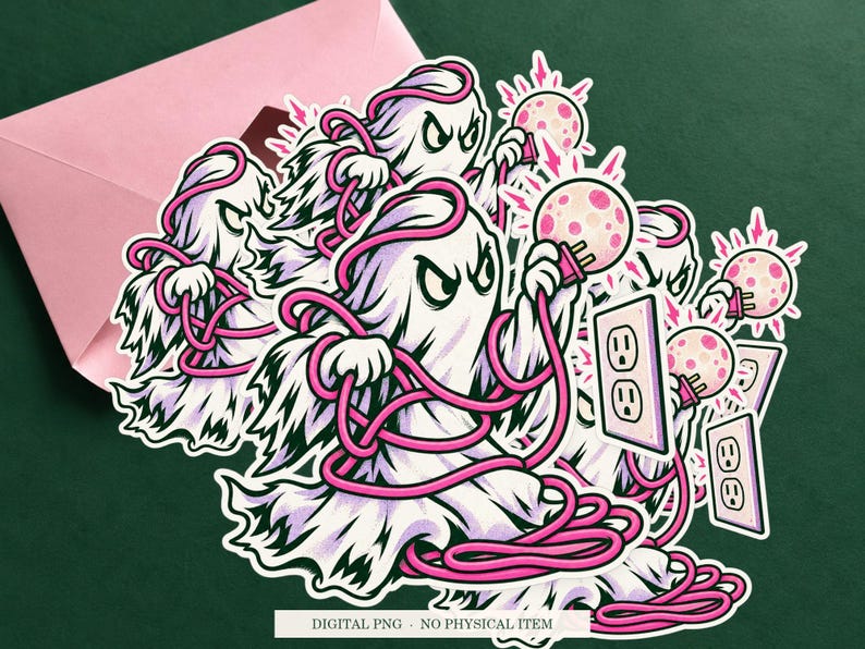 Haunted Extension Cord artwork shown as a sticker on a cream envelope against green. Digital PNG mockup; envelope and physical sticker are not included.