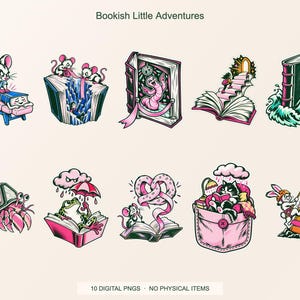 Lucky Somewhere Bookish Little Adventures digital PNG artwork shown in a styled preview. Ten designs. Digital download only, no physical item.