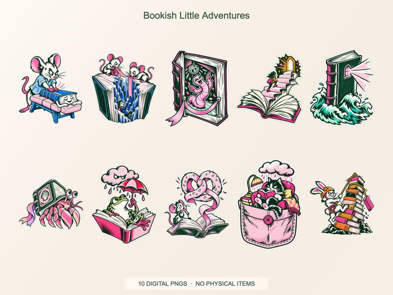 Lucky Somewhere Bookish Little Adventures digital PNG artwork shown in a styled preview. Ten designs. Digital download only, no physical item.