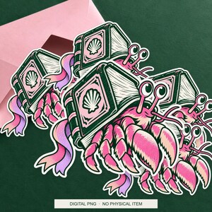 Lucky Somewhere Library Hermit Crab digital PNG artwork shown in a styled preview. One design. Digital download only, no physical item.
